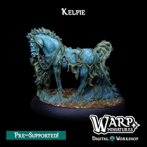 May include: A miniature Kelpie figurine, a mythical water horse, in shades of blue and green. The figurine has a detailed design with a flowing mane and tail, and is mounted on a round base. The text "Kelpie" is at the top.
