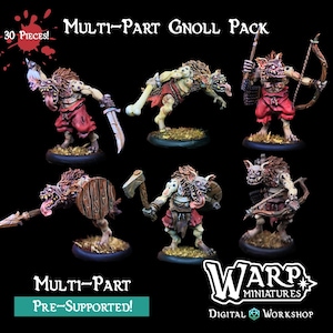 Könnte beinhalten: Eine Sammlung von sechs mehrteiligen Gnoll-Miniaturen, jede mit einzigartigen Posen und Waffen. Die Figuren sind in Beige-, Rot- und Brauntönen bemalt und weisen detaillierte Texturen auf. Der Text "MULTI-PART GNOLL PACK" und "30 PIECES!" sind sichtbar.