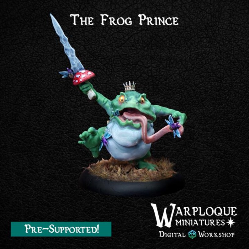 May include: A green frog figurine wearing a small silver crown, holding a red and white mushroom sword, and extending a long pink tongue. The text reads THE FROG PRINCE, WARPLOQUE MINIATURES DIGITAL WORKSHOP, and PRE-SUPPORTED.