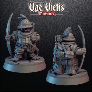 May include: Two gray miniature figurines of a fantasy archer, one facing forward and the other turned to the side. The archers wear helmets with feathers, armor, and carry bows and quivers. The base of each figurine is round.