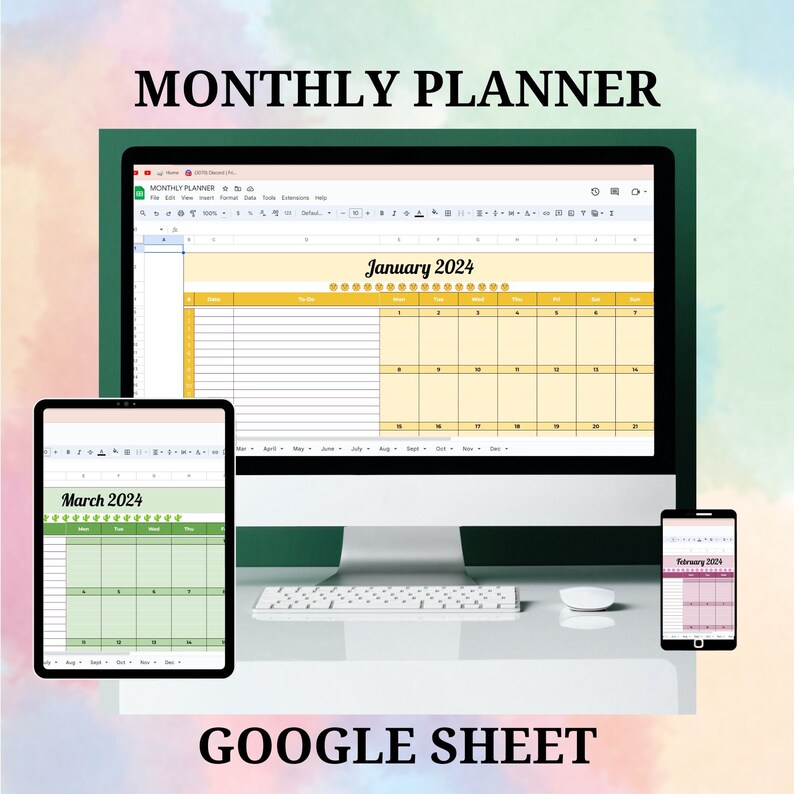 Monthly Planner Google Sheet Template 2024 Digital Calendar 2024