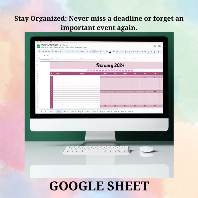Monthly Planner Google Sheet Template, 2024 Digital Calendar, 2024
