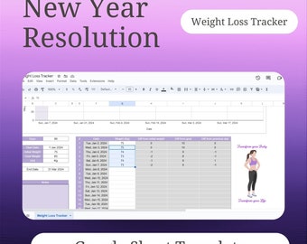 Modèle de feuille de suivi de la perte de poids Google, dispositif de suivi de la condition physique, outil de suivi de la résolution du nouvel an 2024, journal de poids, mensurations, journal de poids