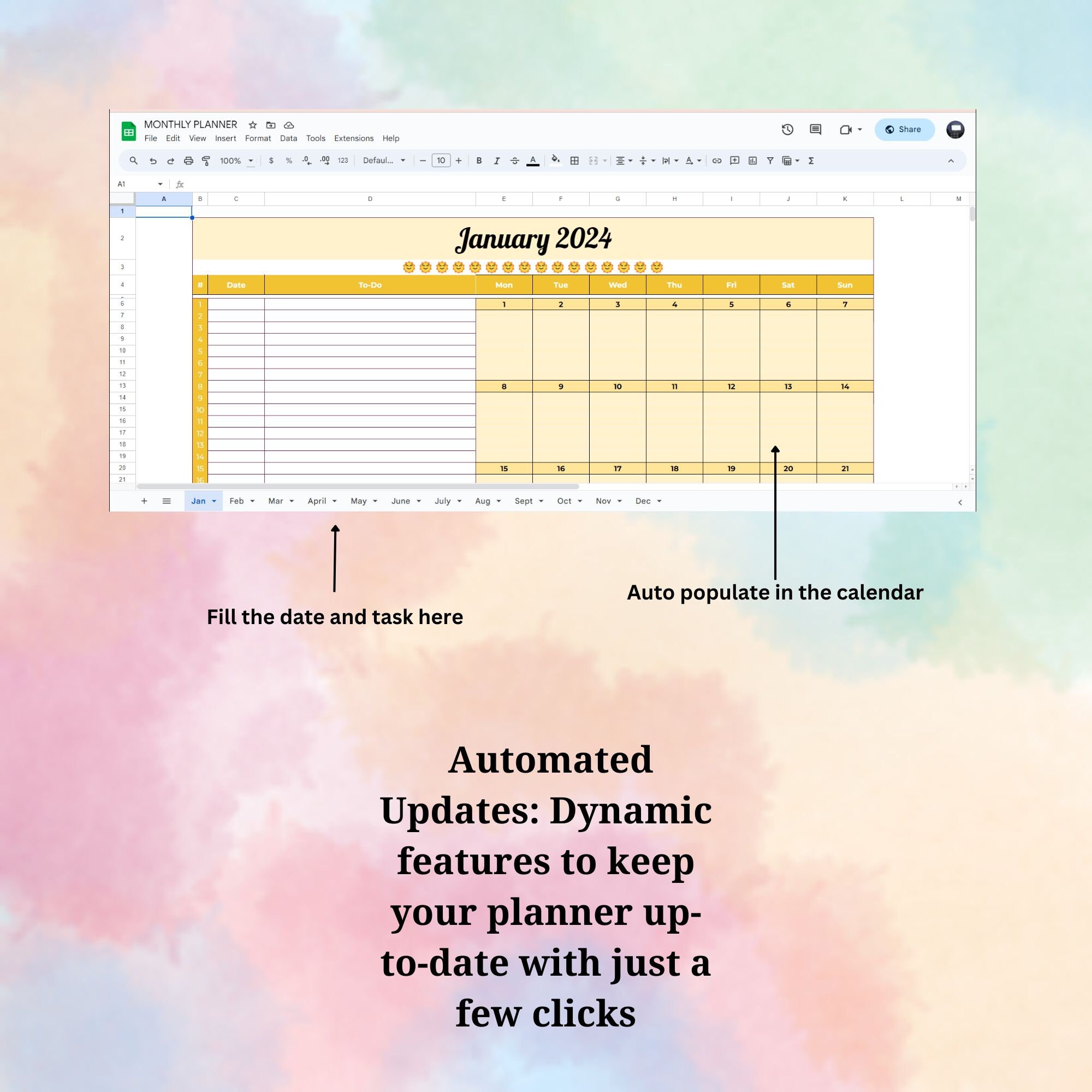 Monthly Planner Google Sheet Template 2024 Digital Calendar 2024