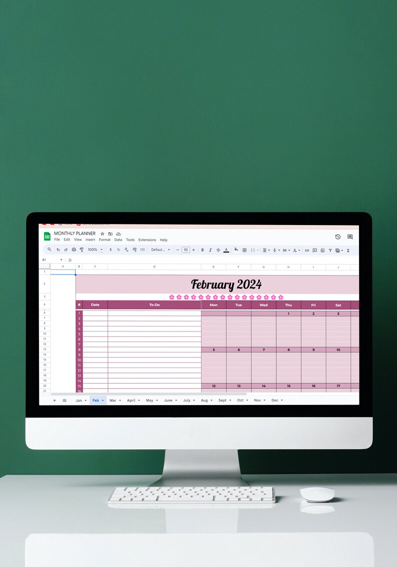 Monthly Planner Google Sheet Template, 2024 Digital Calendar, 2024