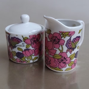Vintage Set of MCM Mod Floral Creamer and Potted Sugar Set Made In Japan - Rare!