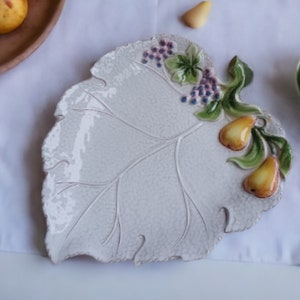 Vintage Cabbage Ware Leaf Shaped Platter Majolica Grapes and Pears Italian Serving Plate