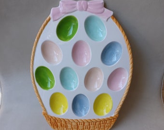 Vintage Enesco Deviled Egg Platter Pastel Egg Indentations Basket Weave Bottom Pink Bow on Top Spring Serving Dish