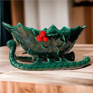 Vintage Lefton Green Ceramic Santa Sleigh with Holly and Berries Christmas Decoration Holiday Decoration 1950s