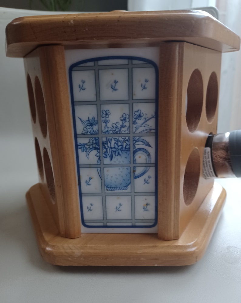 Vintage Wooden Lazy Susan Spice Rack With Blue and White Tiled Sides Openings for 12 Spice Jars