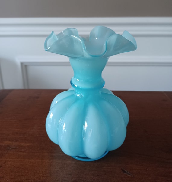 貴重、美品フェントン50年代頃ドットBigベース高さ22.5cm 1950 年代のヴィンテージ フェントン フロスト ブルー ガラス メロン