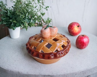 Vintage zweiteilige Apfelpfirsichkuchen-Gericht-Landhaus-Kerndekor