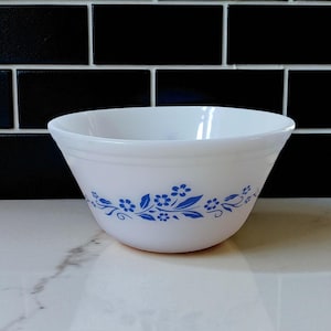 Vintage Federal Glass Milk Glass Blue Floral Mixing Bowl Mid Century Americana