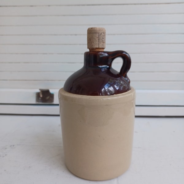 Vintage Small Brown and Cream Stoneware Jug With Cork - Marked USA On Bottom