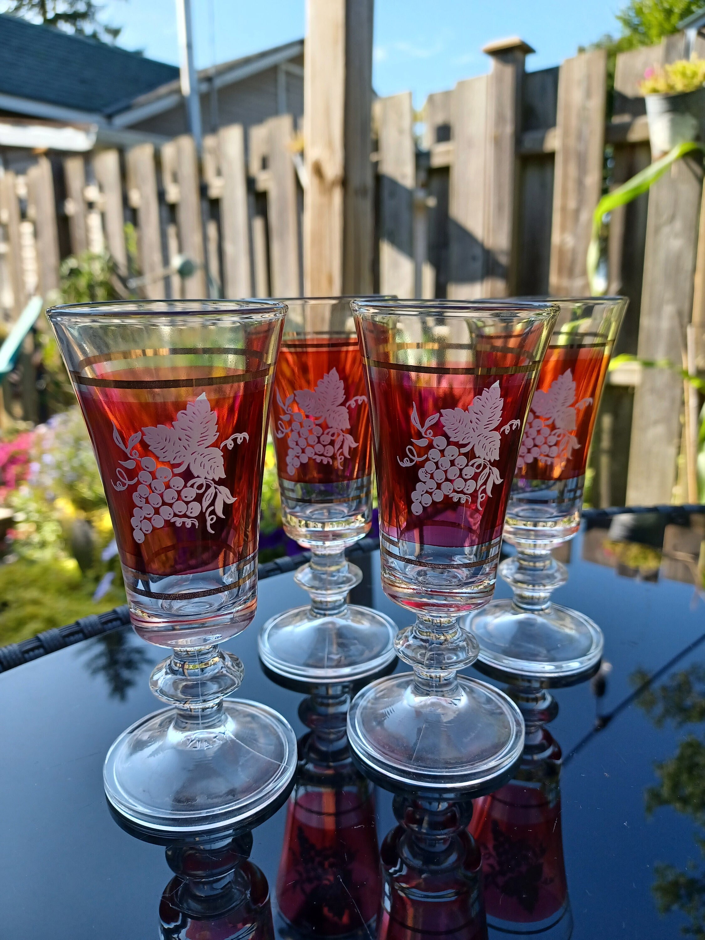 Vintage Ruby and Gold Cordial Glasses With Grape Pattern - Set of Four