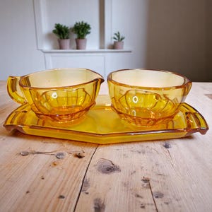 Vintage Amber Glass Creamer, Sugar & Tray Set – Mid Century Serving Trio