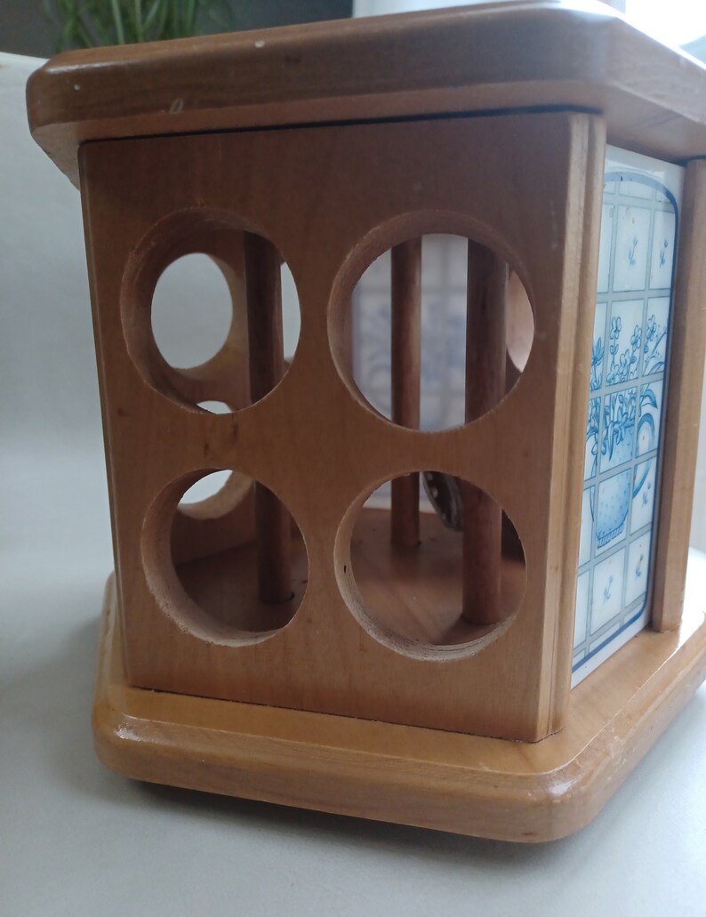 Vintage Wooden Lazy Susan Spice Rack With Blue and White Tiled Sides