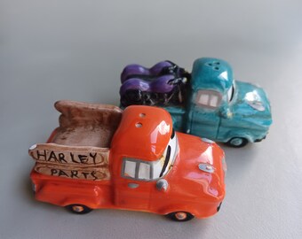 Vintage Set of Two Retro Pickup Truck Salt and Pepper Shakers Harley Davidson Condiment Containers