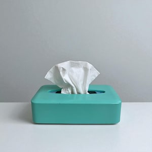 Vintage Turquoise Plastic Tissue Box Cover Made in Japan – Retro Mid Century Modern Bathroom or Kitchen Decor, Bright Pop of Color