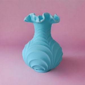 Vintage Fenton Pale Blue Swirl Glass Vase – Ruffled Edge – Opalescent Art Glass – Collectible Decorative Vase – Midcentury Decor