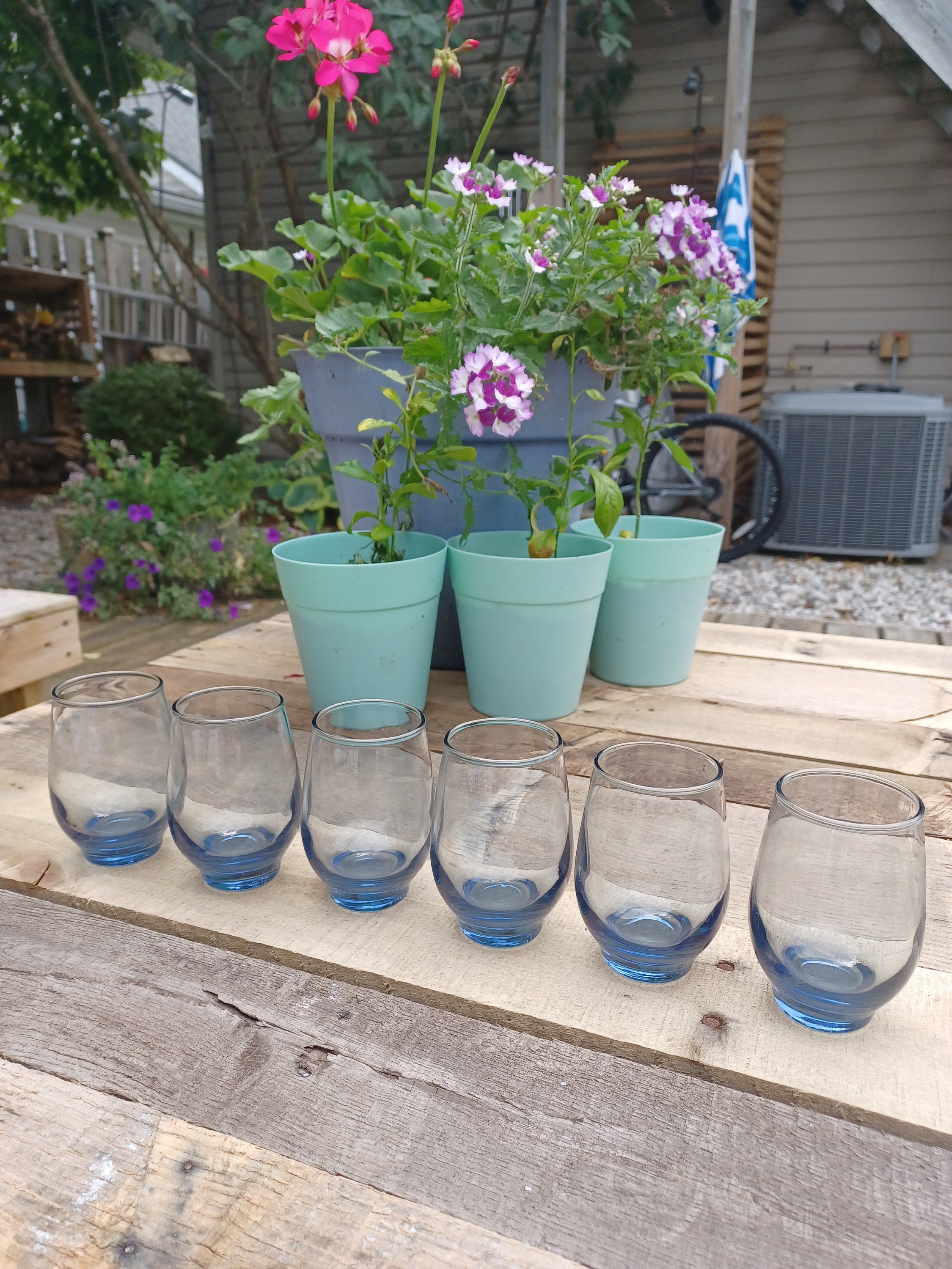 Vintage Libbey Tempo Blue Stemless Wine Glasses – Set of 6 Small Glasses