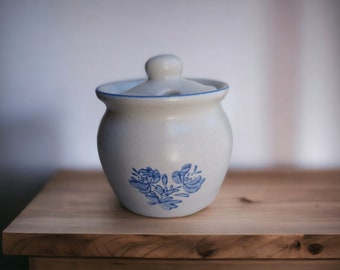 Vintage Pfaltzgraff Yorktowne Lidded Blue and White Pottery Pot Sugar Bowl Jam and Jelly Jar Honey Pot