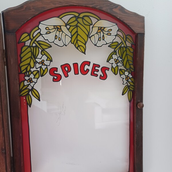 Vintage Wooden Spice Cabinet With Two Shelves and Base, Painted Glass Flowers and Plants