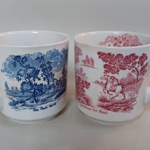 Vintage Ridgway Staffordshire England Pottery Mugs - &quot;The Pack Horse&quot; - Blue, &quot;Catching The Mail&quot; - Red