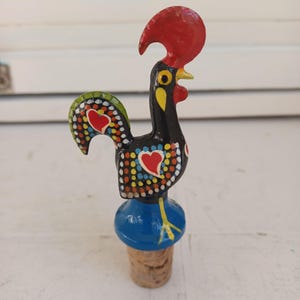 Vintage Portuguese Rooster Wine Bottle Stopper — Hand Painted Folk Art Cork