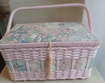 Vintage Pink Wicker and Fabric Sewing Basket Moveable Wicker Handle Satin Interior With Pocket and Pin Cushion Padded Fabric Lid