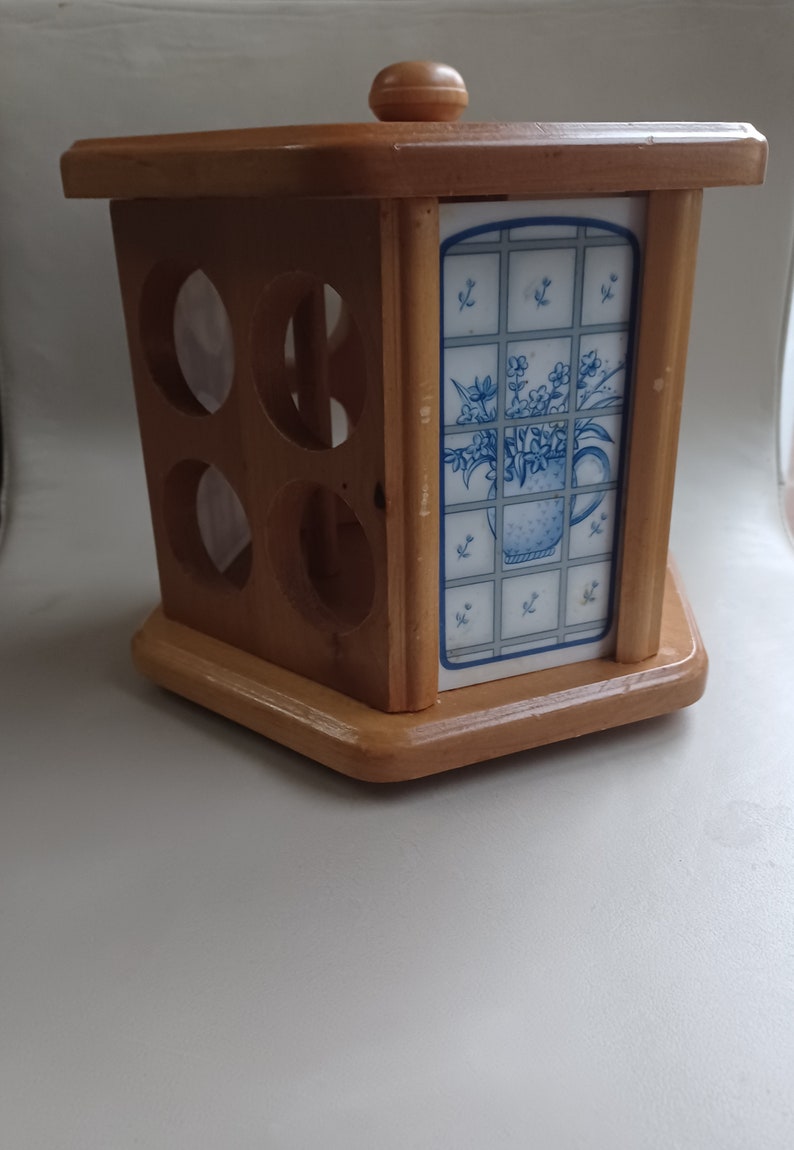 Vintage Wooden Lazy Susan Spice Rack With Blue and White Tiled Sides Openings for 12 Spice Jars
