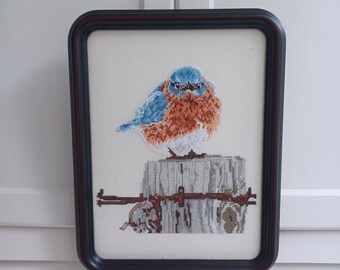 Vintage Bucilla Mad Blue Bird Counted Cross-stitch – Framed