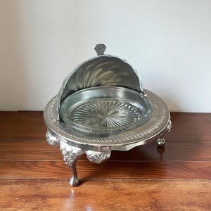 Vintage Mid Century Silver Plated Footed Butter Caviar Dish With Revolving Sphere Lid Made in England Rare Find
