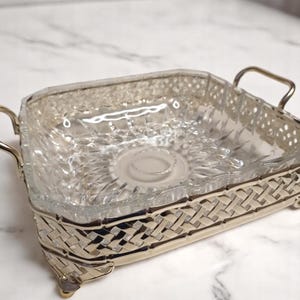 Vintage Glass Serving Dish in Silver Brass Holder – Elegant Mid Century Server