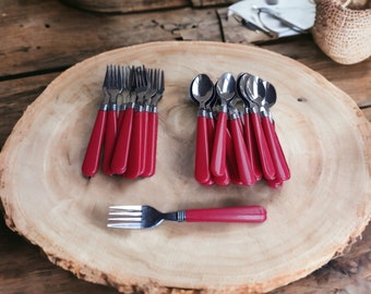 Vintage Red Cutlery Small Spoons Dessert Forks Set Plastic and Stainless Steel Flatware