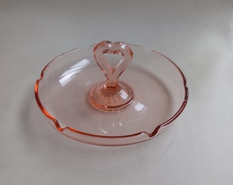 Vintage Pink Glass Depression Glass Candy Trinket Dish Ashtray Heart Shaped Centre Handle