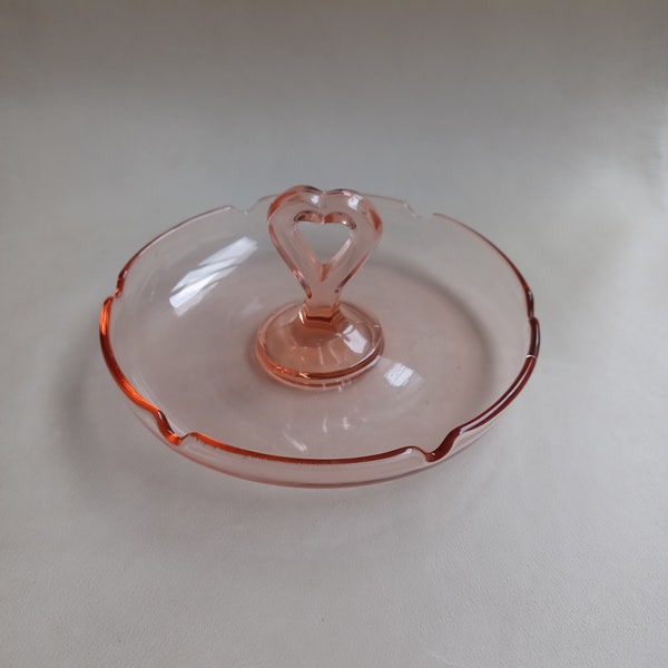 Vintage Pink Glass Depression Glass Candy Trinket Dish Ashtray Heart Shaped Centre Handle