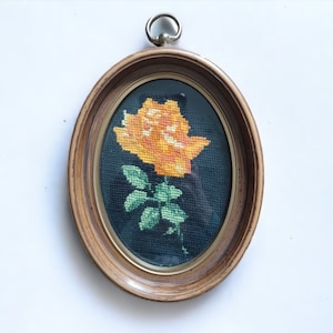 Vintage French Needlepoint Embroidery Orange Rose in Oval Wooden Frame With Metal Hanger