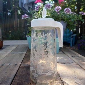Vintage Anchor Hocking TANG Glass Juice Pitcher With White Etched Flowers