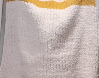 Handmade Mustard, Rust and Ivory striped chunky knit blanket