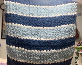 Handmade Navy Blue, Light Blue and white striped chunky knit blanket