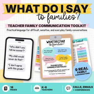 May include: A teacher family communication toolkit featuring 18 pages of practical language for conversations. The set includes a digital tablet display and a clipboard showing speech bubbles with phrases like Why didn't you tell me sooner?