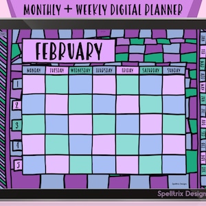 Può includere: Un planner digitale per febbraio con un design colorato a vetri colorati. Il planner è diviso in giorni della settimana e include una vista del calendario mensile. Il planner è compatibile con app come Goodnotes e Notability.