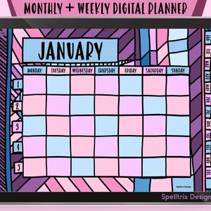 Può includere: Un planner digitale per le app Goodnotes e Notability con un design geometrico rosa, viola e blu. Il planner include un calendario mensile per gennaio e un calendario settimanale con iperlink.