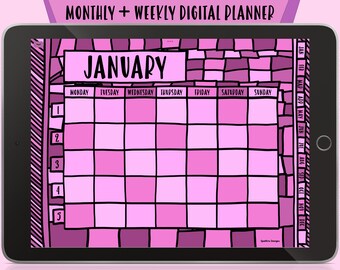 Peut inclure: Un planificateur numérique pour les applications GoodNotes et Notability avec un design en mosaïque rose et violet. Le planificateur comprend un calendrier mensuel pour janvier avec une vue hebdomadaire.