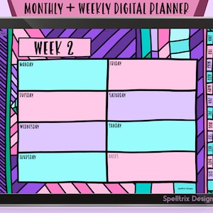 May include: A digital planner with a colorful geometric design. The planner includes a weekly view with sections for Monday through Sunday, as well as a notes section. The planner also includes a monthly view with a calendar for each month of the year. The text "WEEK 2" is at the top of the weekly view.
