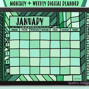 Forest Digital Planner Weekly Monthly Undated Hand Drawn Green Minimal Hyperlinked PDF Goodnotes Notability Noteshelf Xodo Apps iPad Android