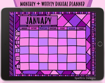 Peut inclure: Un planificateur numérique pour le mois de janvier avec un design en vitrail violet et rose. Le planificateur est conçu pour être utilisé avec des applications comme Goodnotes et Notability. Il comprend des vues mensuelles et hebdomadaires avec des hyperliens.