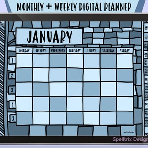Può includere: Un planner digitale per le app Goodnotes e Notability con un design a mosaico blu e bianco. Il planner include un calendario mensile per gennaio e un calendario settimanale con iperlink.