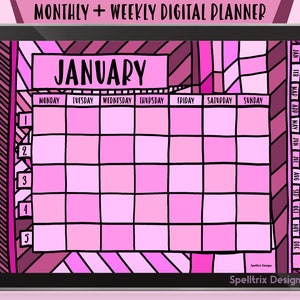 Pink Digital Planner Weekly Monthly Undated Hand Drawn Minimalist Hyperlinked PDF Goodnotes Notability Noteshelf Xodo Apps iPad Android